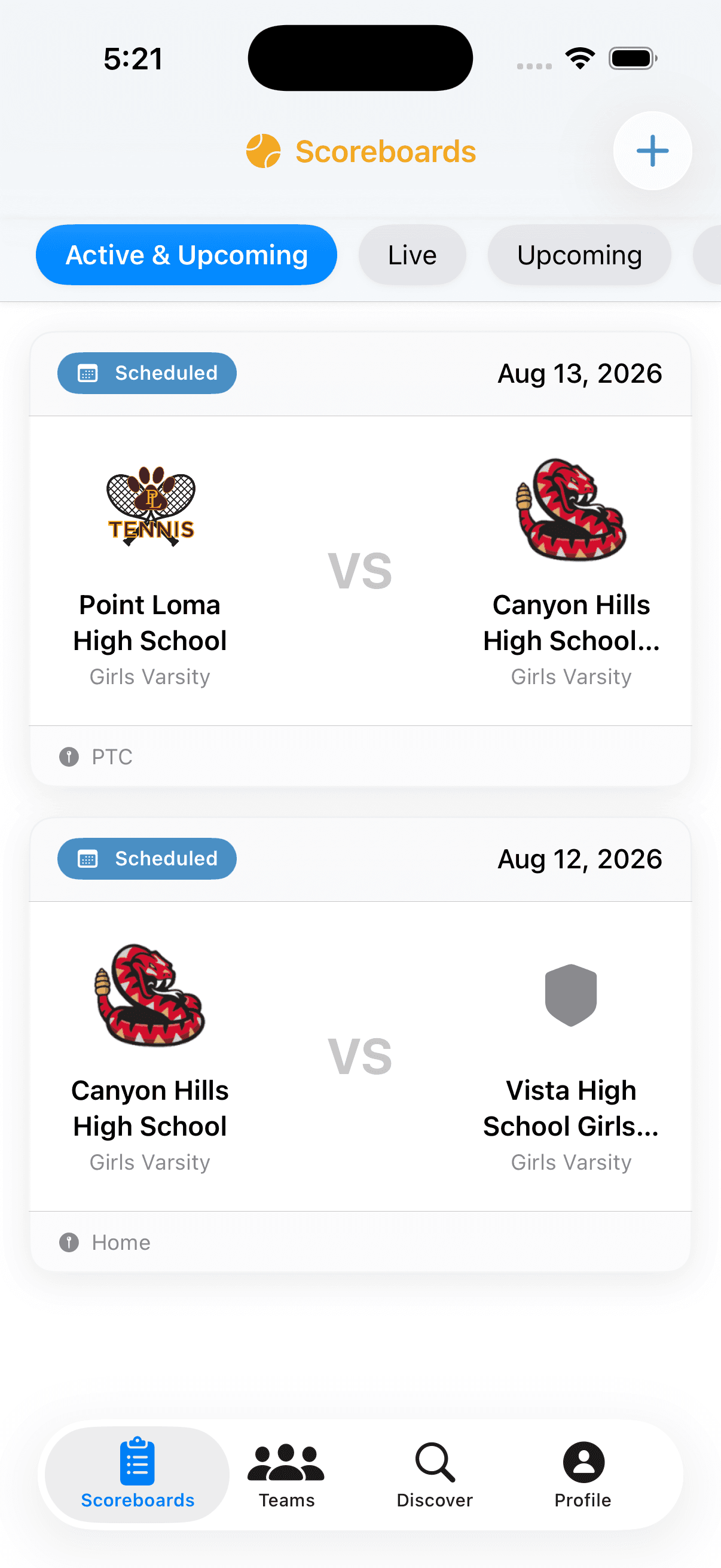 Scoreboards list in the Scoreboard Link app showing scheduled team matches