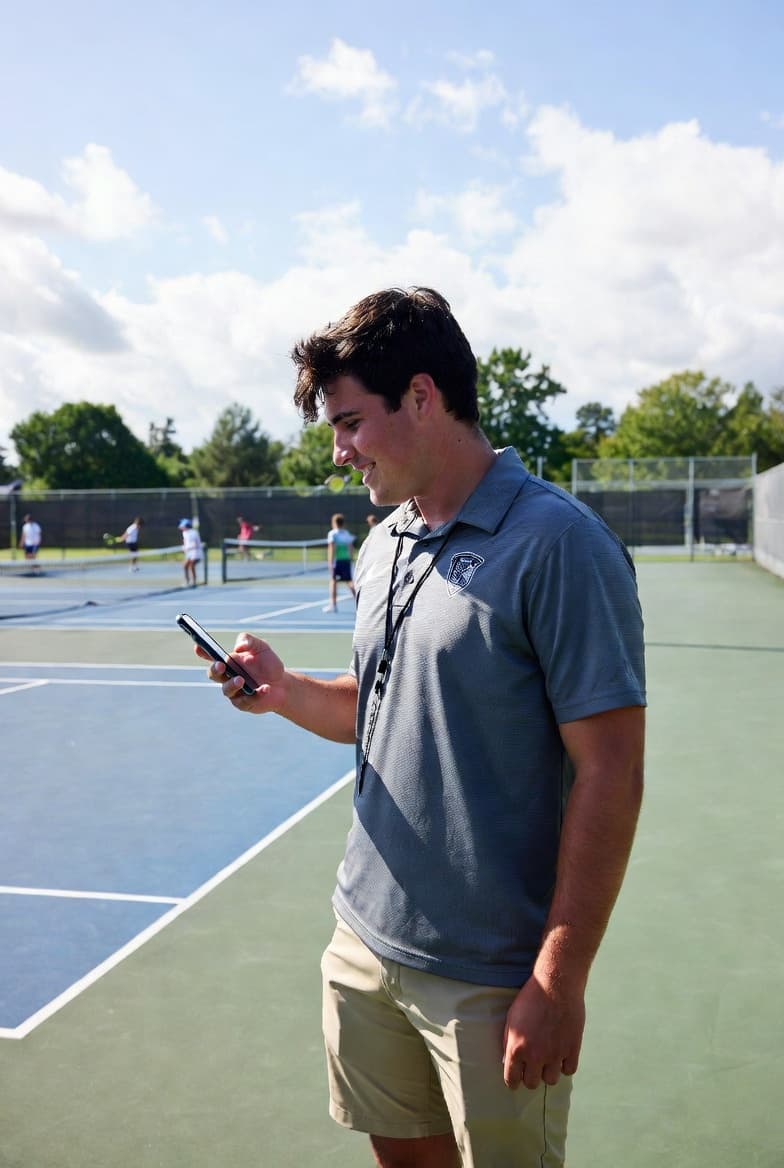 Tennis coach checking live scores on a phone courtside